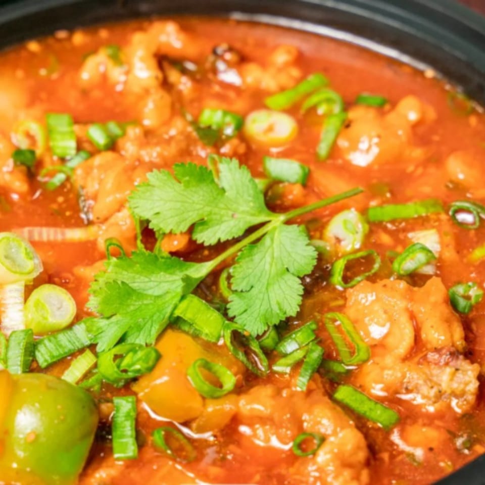 Close-up of Bombay Corner's Indian dish with red sauce, green onions, and cilantro.